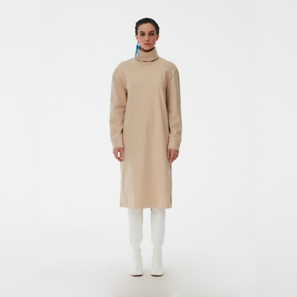 NWT Tibi Punto Milano Cotton Turtleneck T-Shirt Light Toffee Midi Dress, Size XS
